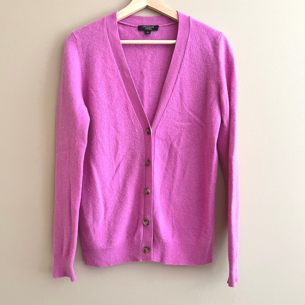 Ann Taylor 100% Cashmere V-Neck Cardigan Sweater Magenta Pink/Purple Womens Med